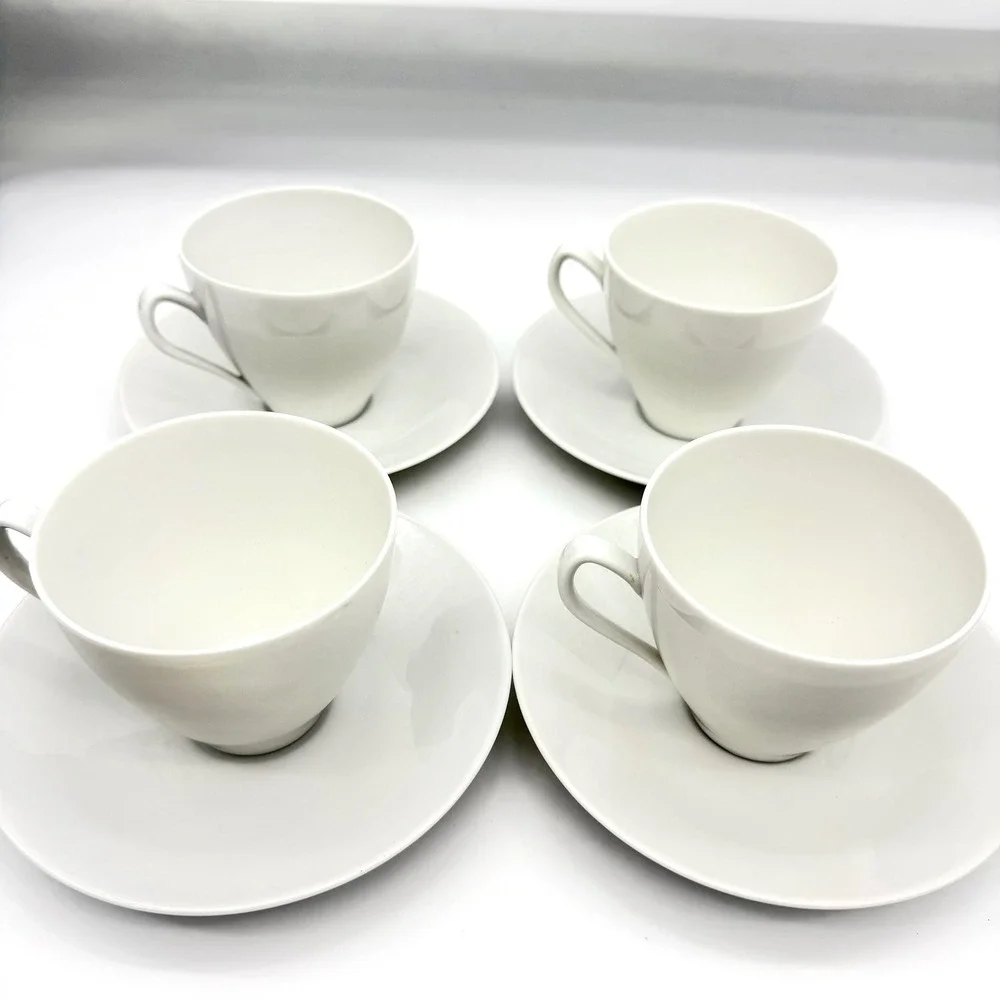 Rörstrand Blanca Set 4 Cups & Saucers 611 White Porcelain Sweden Vintage